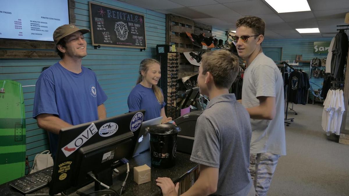 Wakeboards and gear on display in the Velocity Island Park pro shop